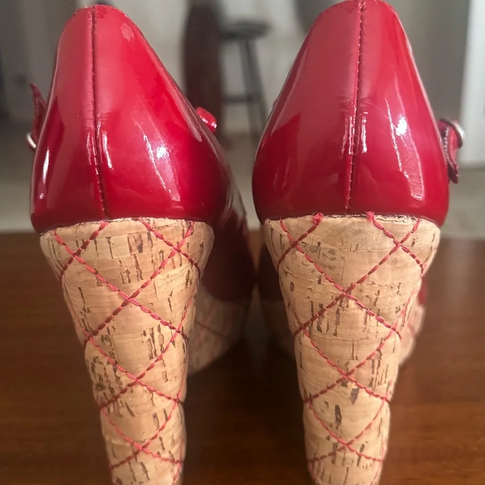 Ziginy Camille II Red Patent Leather Cork Wedge Mary Jane Peep Toe Sandals 9
